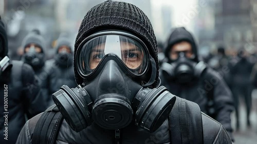 Group of People Wearing Gas Masks and Protective Gear in Urban Setting