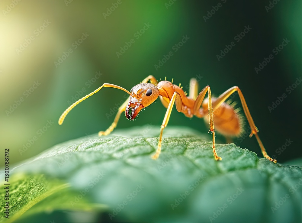 A red ant is walking on the edge of a green leaf, macro photography, focused on the head and legs A red ant is walking on the edge of a green leaf, macro photography, focused on the head and legs