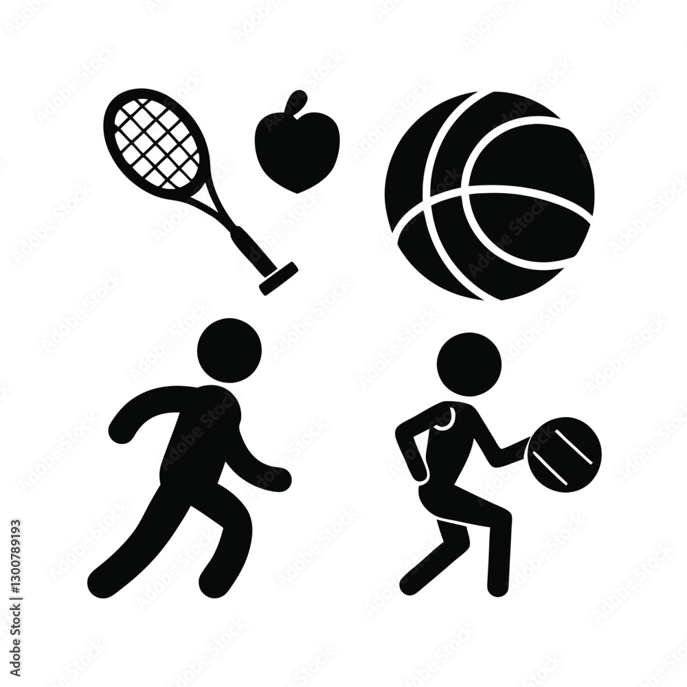 Fototapeta premium Silhouette set of sports icons including tennis player, ball, racket, and action illustrations in vector style