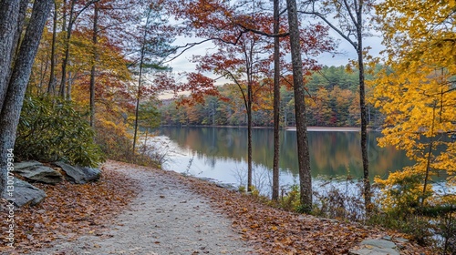 Autumn leaves path next to lake surrounded by colorful trees in fall season