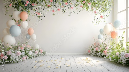 Pastel Balloons and Flowers in a White Room