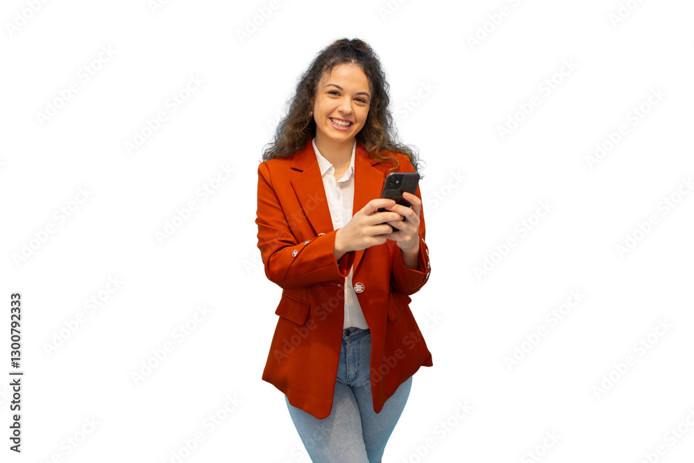 Smiling businesswoman using smartphone on transparent background Smiling businesswoman using smartphone on transparent background