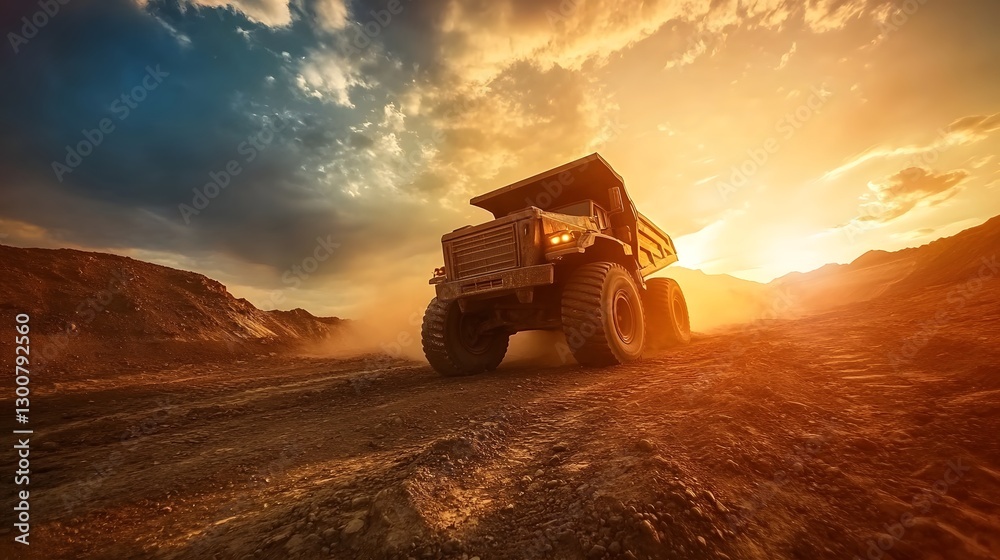Fototapeta premium Heavy-duty Coal Truck Navigating Through Open-Pit Mining Site Under Dramatic Skies