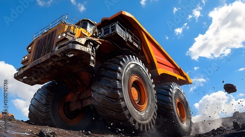 Massive Mining Truck with Towering Wheels and Loaded Coal Bed Against Bright Blue Sky