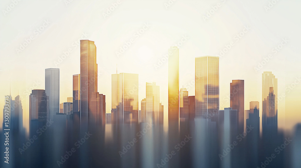 Fototapeta premium Towering skyscrapers glowing with golden sunrise light, silhouetted against soft focus urban landscape awakening at daybreak