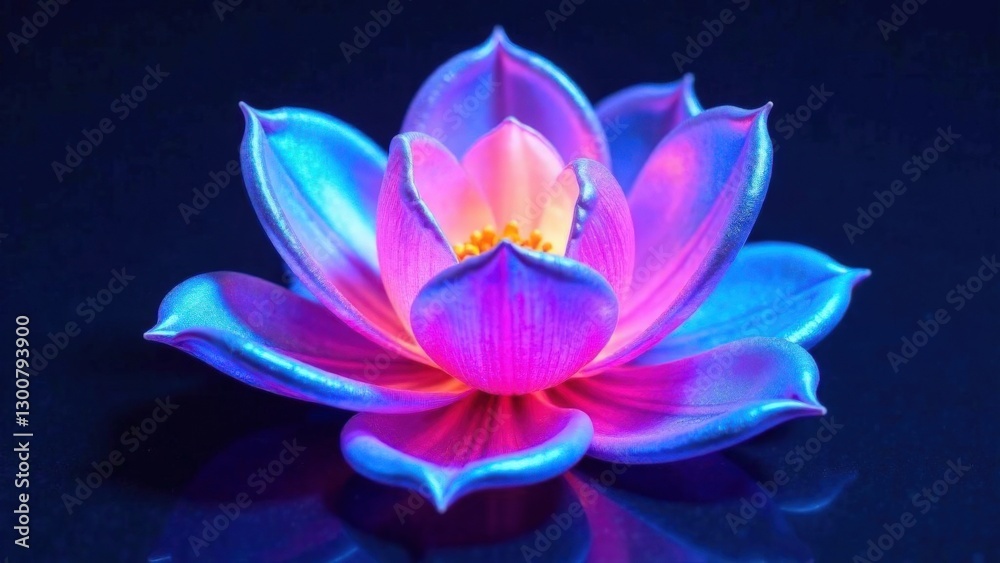 Fototapeta premium Holographic flower with shining petals and smooth transitions of neon colors (blue, purple, pink). The petals slowly open. The background is minimalistic.