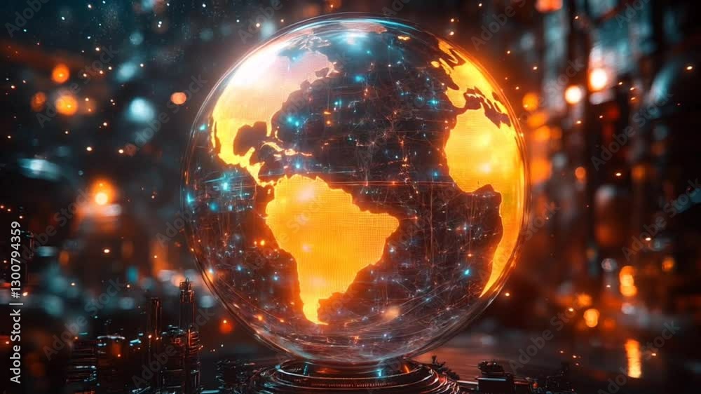 Bola dunia bercahaya dengan efek teknologi dan cahaya neon. Futuristik konsep
