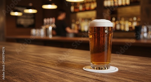 A cold pint of beer with a frothy head sits on a wooden bar counter, with a blurred bartender in the background.