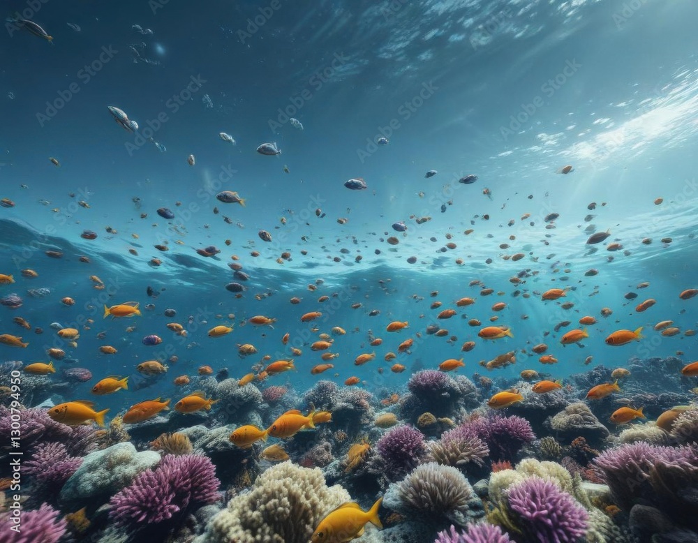 Naklejka premium School of colorful fish swimming together in a vast ocean , fish school, fins, seafood