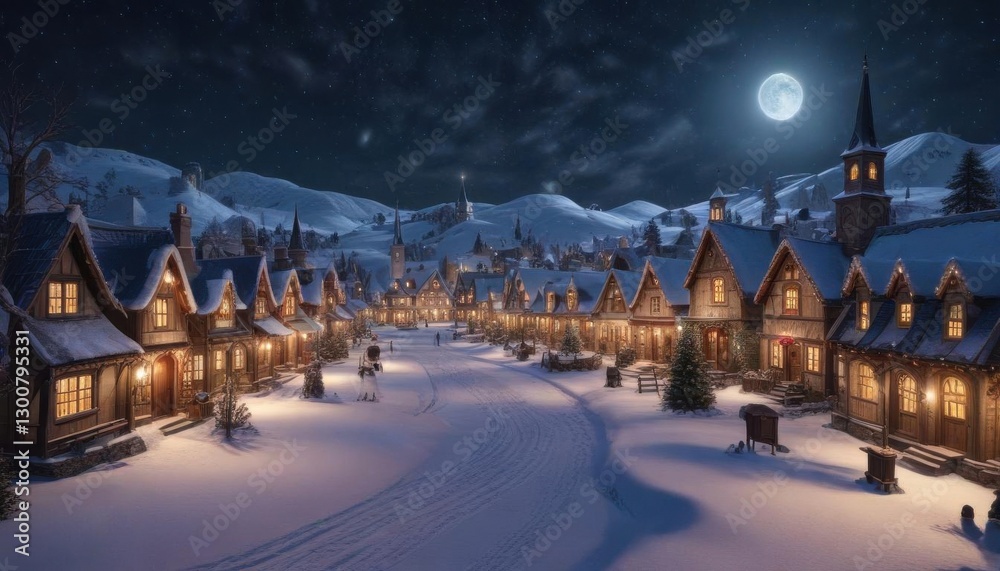 Fototapeta premium Snow-covered Christmas village scene with houses, shops and churches under a starry sky , festive architecture, winter wonderland, snowflakes
