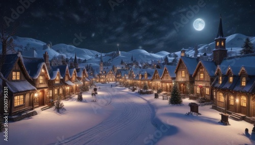 Snow-covered Christmas village scene with houses, shops and churches under a starry sky ,  festive architecture,  winter wonderland,  snowflakes