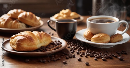 Wooden table surface featuring a steaming cup of espresso and flaky pastries beside it, surrounded by coffee beans ,  espresso,  morning