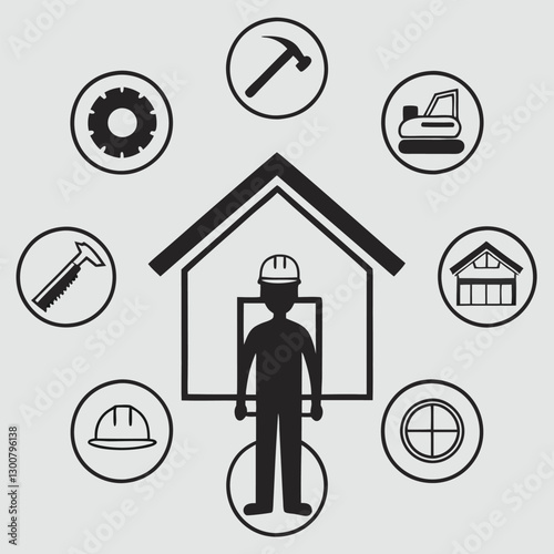 Silhouette of a Construction Worker with Building Tools and House Structure