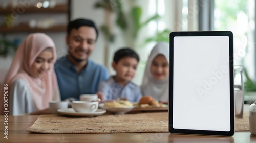 Wallpaper Mural on wooden table standing large tablet with blank white screen . background is a blurred A happy muslim family, composed of a one man, one hijab woman, and a boy and girl Torontodigital.ca