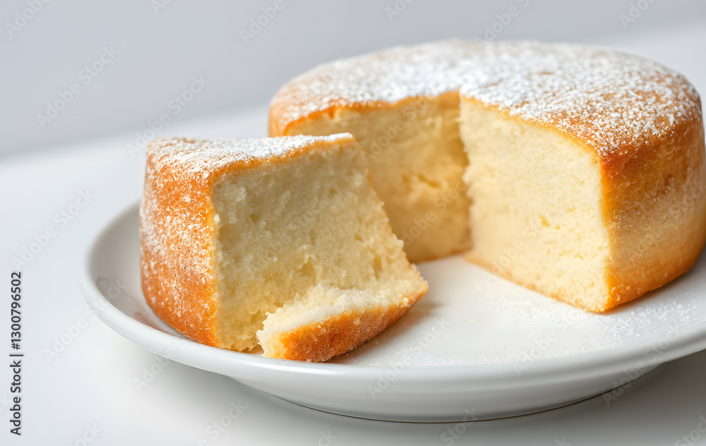 Chiffon cake with powder sugar on halfeaten plate. Suitable for food blogs, social media posts, bakery promotions, dessert menus Chiffon cake with powder sugar on halfeaten plate. Suitable for food blogs, social media posts, bakery promotions, dessert menus