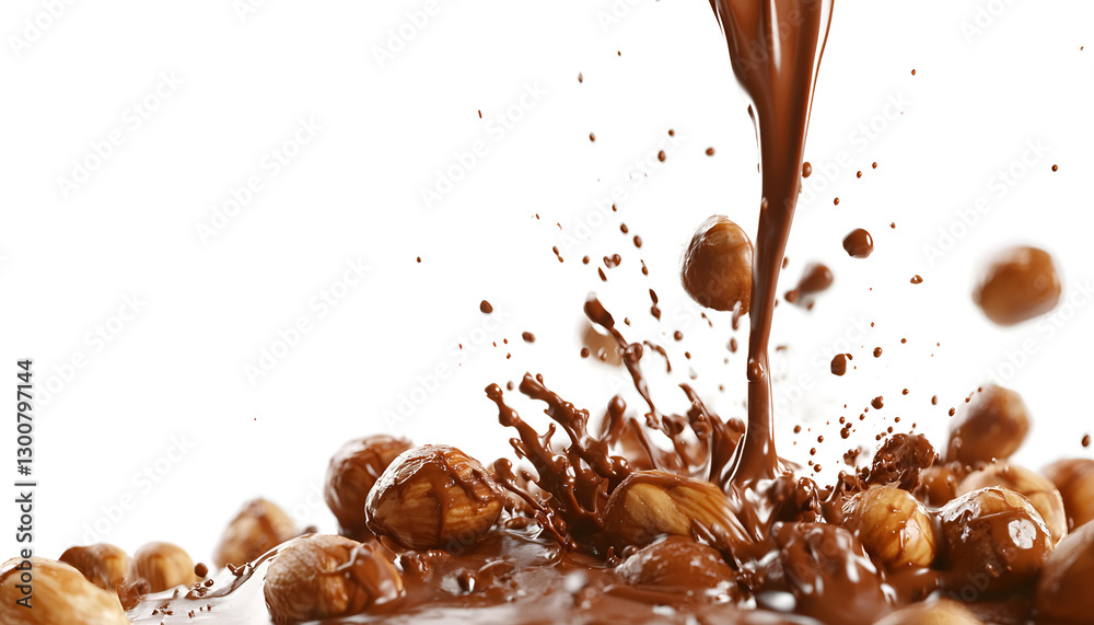 Fototapeta premium Pouring sweet chocolate onto hazelnuts against white background