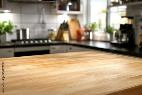 Empty kitchen countertop, blurred background, usable for display