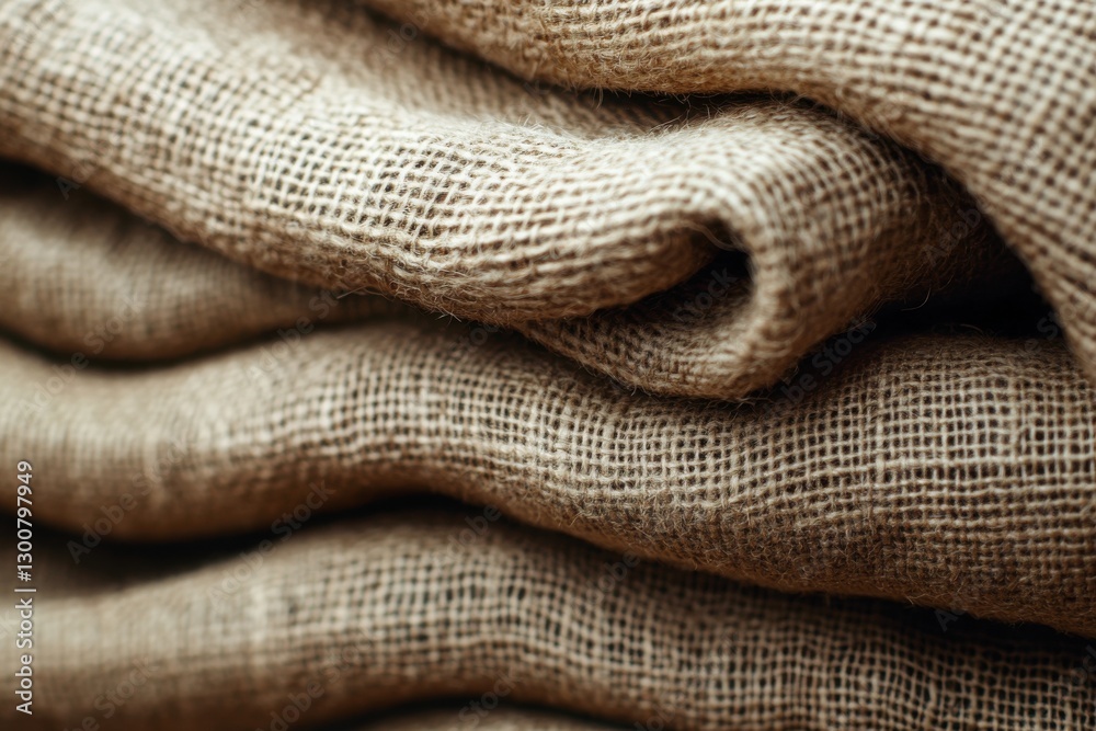 Textured burlap fabric stacked neatly, showcasing its natural fibers and rustic charm Textured burlap fabric stacked neatly, showcasing its natural fibers and rustic charm