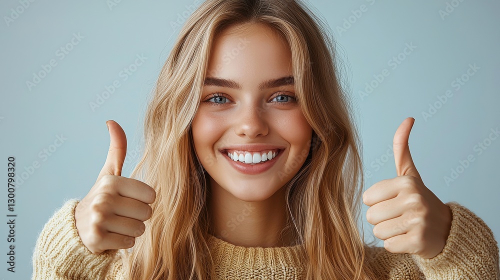 Bright and cheerful young woman giving thumbs up in casual sweater with a warm smile against a light background Bright and cheerful young woman giving thumbs up in casual sweater with a warm smile against a light background
