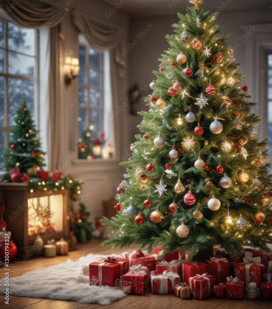 Decorated Christmas tree with snowflakes and ornaments, tree, christmas decoration Decorated Christmas tree with snowflakes and ornaments, tree, christmas decoration