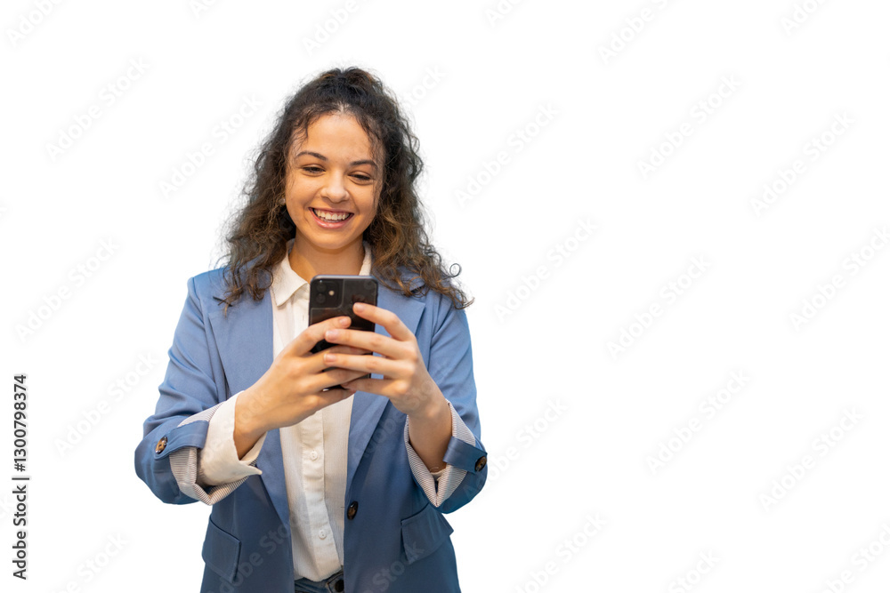 Smiling businesswoman using smartphone with transparent background Smiling businesswoman using smartphone with transparent background