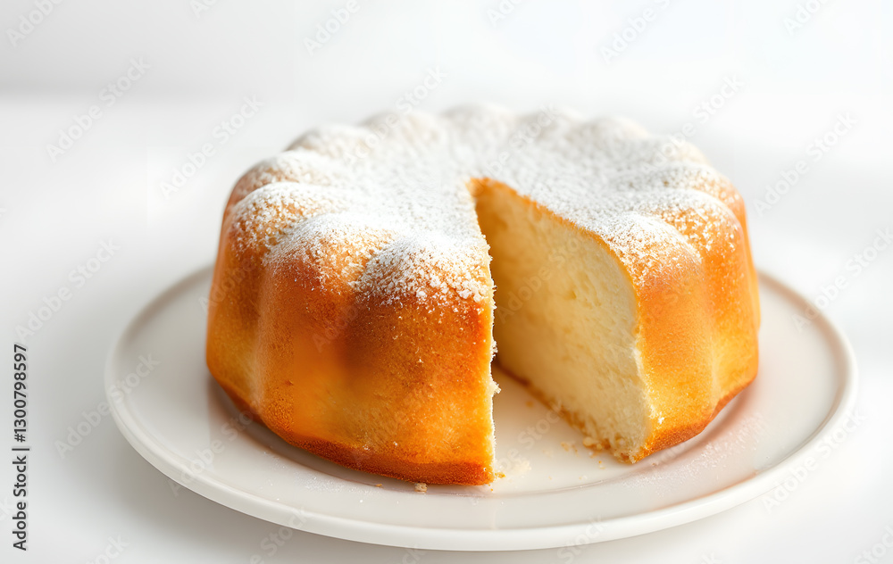 Chiffon cake with powder sugar on halfeaten plate. Suitable for food blogs, social media posts, bakery promotions, dessert menus Chiffon cake with powder sugar on halfeaten plate. Suitable for food blogs, social media posts, bakery promotions, dessert menus
