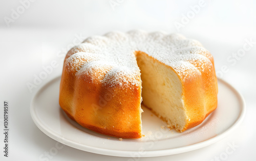 Chiffon cake with powder sugar on halfeaten plate. Suitable for food blogs, social media posts, bakery promotions, dessert menus