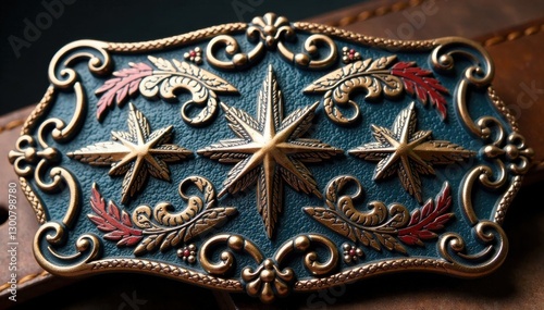 Distressed leather rodeo belt buckle with intricate metalwork, worn,