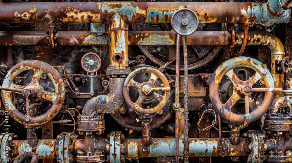 A close-up of an intricate network of high-pressure valves and industrial pipelines, steam hissing from the joints. A close-up of an intricate network of high-pressure valves and industrial pipelines, steam hissing from the joints.