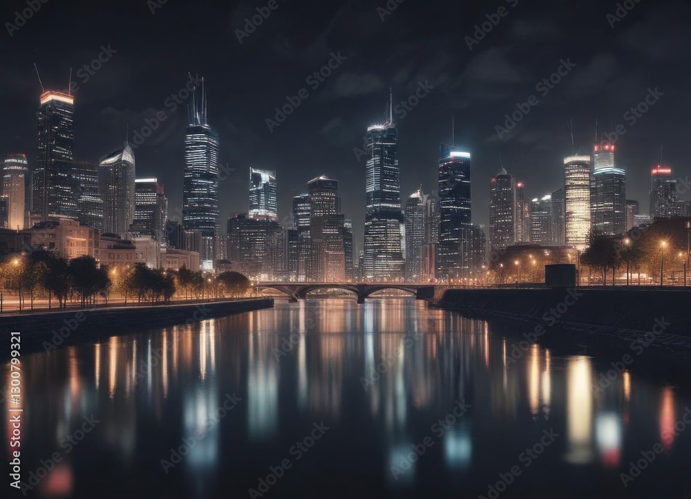 Naklejka premium Faded film photo with light leak effect showing cityscape at night, cityscape, vintage