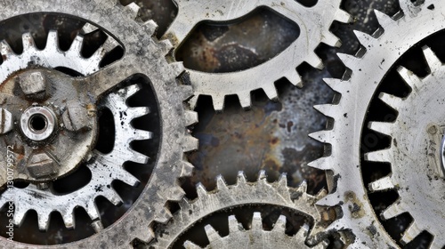 A close-up of interlocking steel gears and rotating cogs inside a massive industrial engine, covered in thick grease and grime.