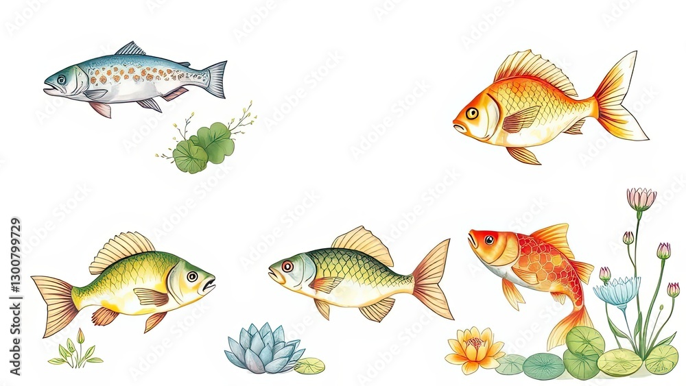 Fototapeta premium Colorful Fish Illustration Aquatic Life Pond Koi Trout Water Plants Floral Design