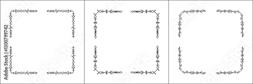 Frame set. Three frames with elegant black and white ornamental frame with Viking runes, decorative border, corners. Isolated vector illustration.	