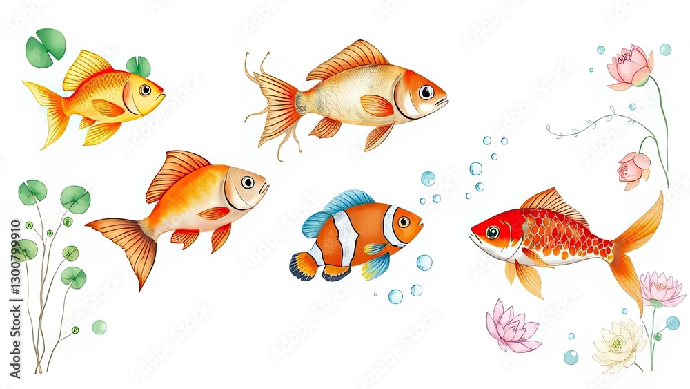 Naklejka premium Colorful Koi Fish Clownfish Watercolor Illustration Aquatic Life Pond Plants