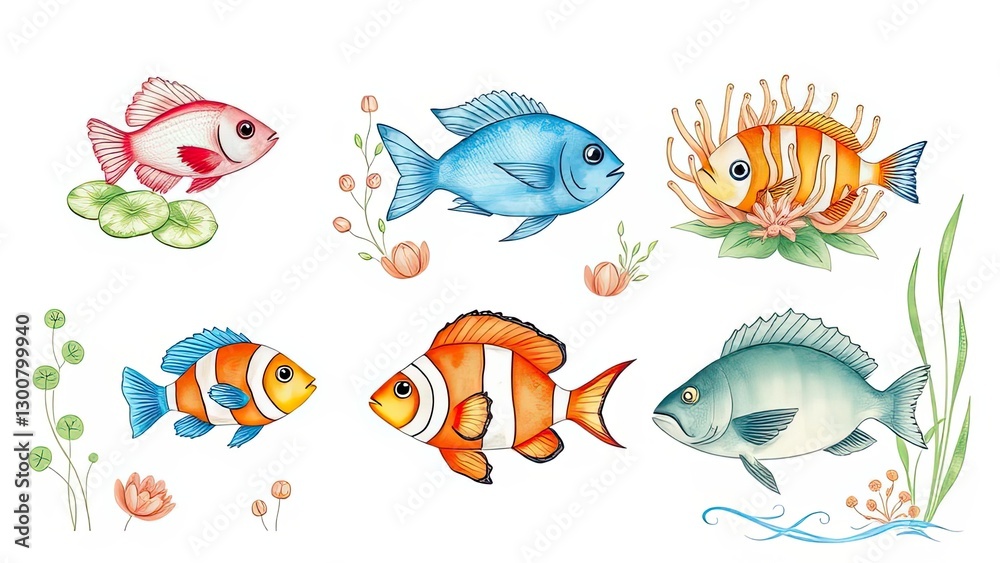 Fototapeta premium Colorful Watercolor Fish Illustration Aquatic Life Marine Animals Ocean Underwater World Sea