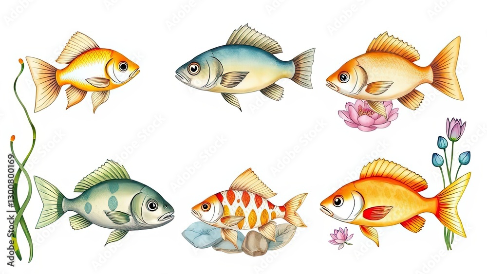 Fototapeta premium Colorful Fish Illustration Aquatic Life Koi Goldfish Pond Nature