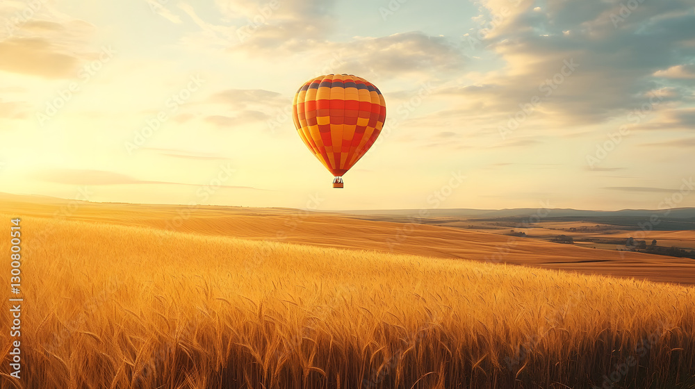 Obraz premium A hot air balloon floating above a golden wheat field.