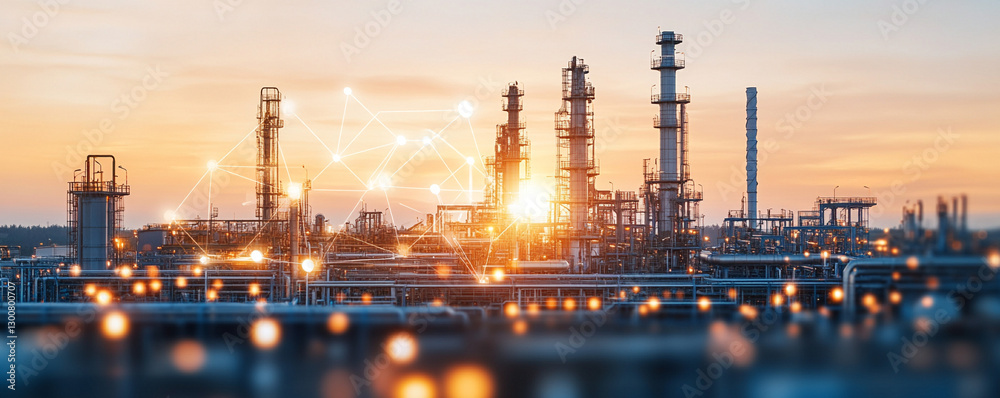 AI business technology trends. Industrial skyline at sunset with refinery structures and glowing lights in the foreground. AI business technology trends. Industrial skyline at sunset with refinery structures and glowing lights in the foreground.