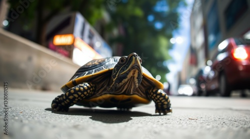 Turtle in the City: Urban Wildlife Adventure, Unexpected Encounter on City Street, Close-up of Reptile in Modern Environment