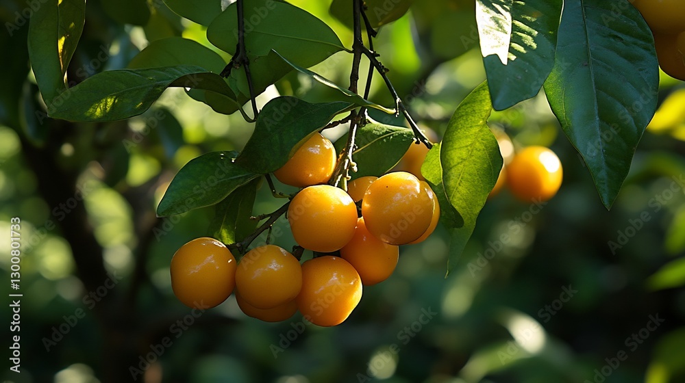 Branch Imbu fruits small yellow orange fruits surrounded by tropical leaves sunlight casting shadows and highlighting the smooth surface of the fruit close up focus on the texture defocused background Branch Imbu fruits small yellow orange fruits surrounded by tropical leaves sunlight casting shadows and highlighting the smooth surface of the fruit close up focus on the texture defocused background
