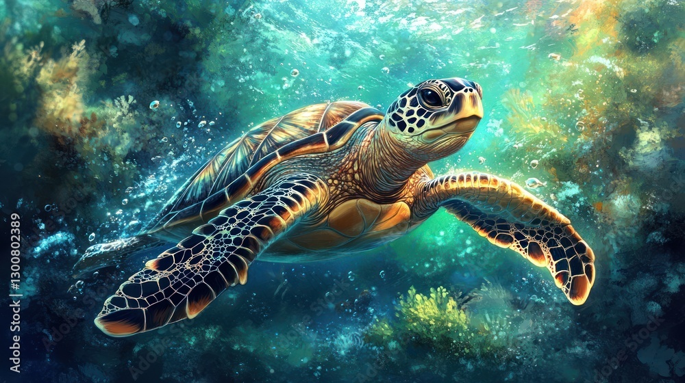 Obraz premium Sea turtle swimming in vibrant coral reef.