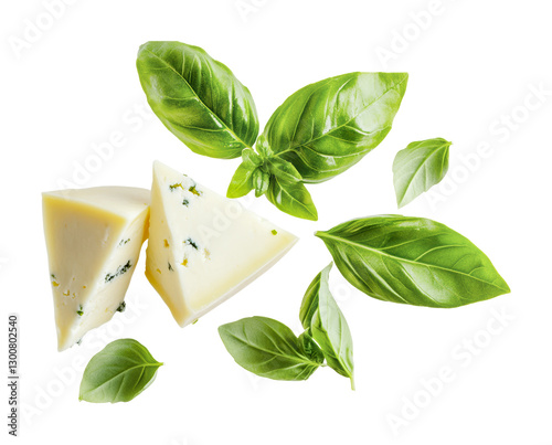 Wallpaper Mural Fresh basil leaves with creamy cheese wedges for culinary inspiration and gourmet recipes, cut out Torontodigital.ca