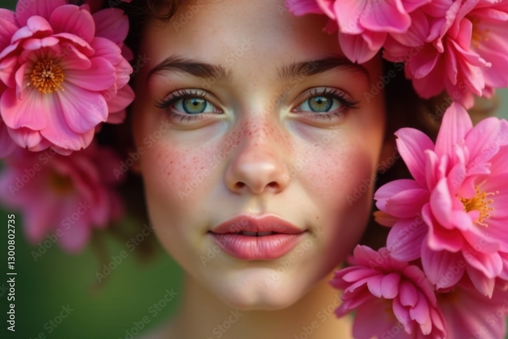 Close-up portrait, charming face framed by pink blooms, high-resolution, beautiful Close-up portrait, charming face framed by pink blooms, high-resolution, beautiful