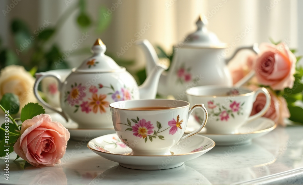 Fototapeta premium cup of tea and teapot with flowers for special celebrations