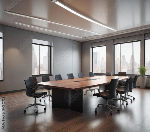 Modern conference table in empty room with subtle lighting,  modern furniture,  reception
