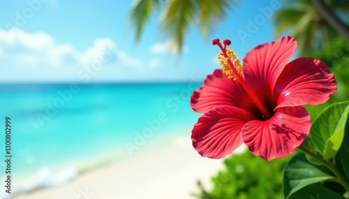 Crimson hibiscus against azure ocean, pristine beach in background , nature, colorful, sky