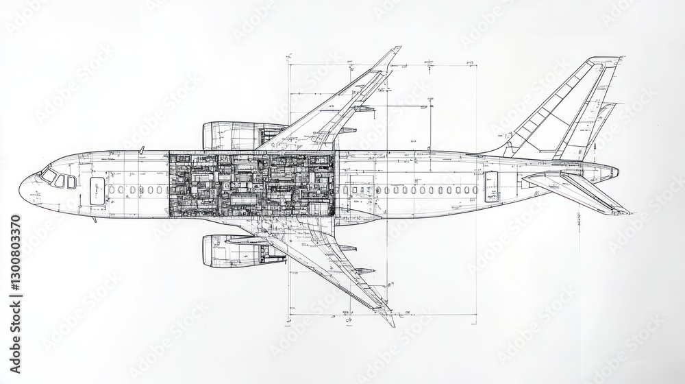 Technical illustration of an airplane's internal structure and components. Technical illustration of an airplane's internal structure and components.