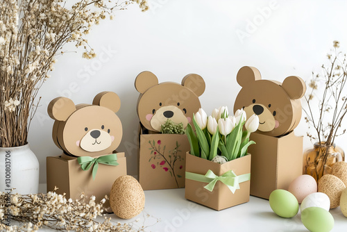 Adorable Bear-Themed Gift Boxes with Green Ribbons and White Tulips, Surrounded by Easter Eggs and Dried Flowers on a White Background, Perfect for Spring Celebrations
