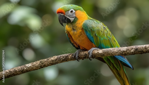 Colorful Macaw Perched on Branch, Green Background