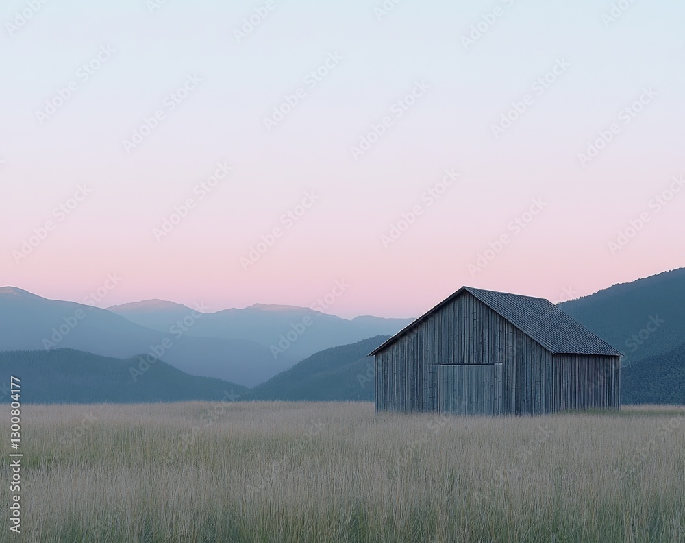 Serene twilight landscape featuring a rustic barn surrounded by tall grass and distant mountains
